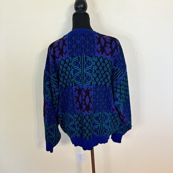 Vintage 1990s Womens Pullover Sweater Geometric Pattern Knit Purple Green XL - Picture 7 of 8
